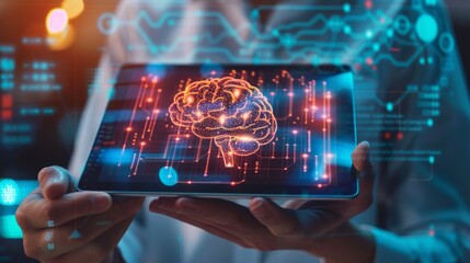 AI, data science, digital technology concept. Computer programmer using digital tablet with AI machine learning, data management system, cloud computing technology, software development