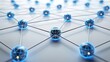 © NEW - Abstract representation of a network with connected blue nodes on a white background signifying communication and technology.