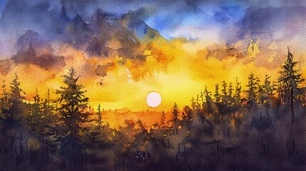 Wall Mural - A peaceful watercolor sunset painting with golden yellows and burnt oranges blending into twilight blues and purples over a quiet forest.