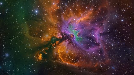 Wall Mural - A radiant nebula cloud in shades of purple, orange, and green, glowing brightly amidst millions of twinkling stars in a distant galaxy.