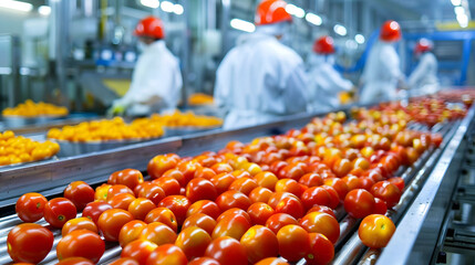 tomato production line full of red fresh tomatoes white red hat staffs sorting in the background