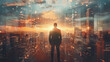 © 沈军 贡 - Double exposure image of the businessman standing back during sunrise overlay with cityscape image. The concept of modern life. generative ai
