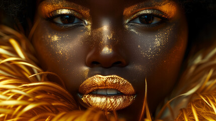 Poster - A beautiful feminine face with gold metallic make-up and feathers. 