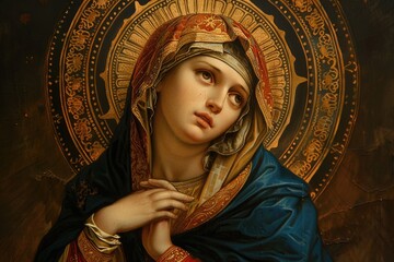 Wall Mural - Sacred icon, revering the Blessed Virgin Mary as Nossa Senhora do Carmo. spiritual significance of the Madonna in Christian tradition, symbolizing faith and holiness