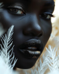 Poster - A beautiful feminine face with gold metallic make-up and feathers. 