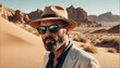 © SevenThreeSky - handsome middleaged bearded guy on desert background fashion portrait posing with hat and sunglasses