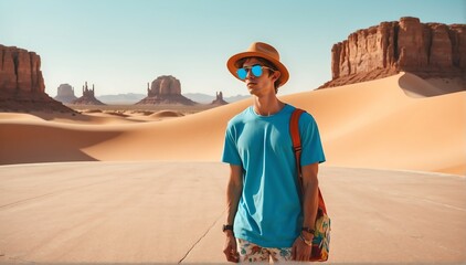 Wall Mural - handsome young skater guy on desert background fashion portrait posing with hat and sunglasses