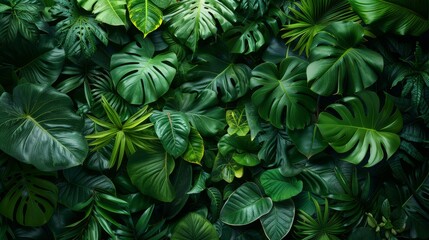 Wall Mural - Background Tropical. Amidst the dense foliage, the rainforest resembles a natural cathedral, where towering trees and dense undergrowth create a majestic and awe-inspiring atmosphere.