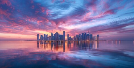 Wall Mural - Landscape of the city skyline seen at sunset with the sea in front, and colorful clouds in the sky