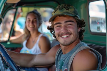 Wall Mural - Young woman in the car, smiling at the camera