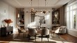 © Galib - The image shows a modern dining room with a large wooden table, comfortable chairs, and a stylish chandelier.