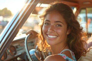 Wall Mural - Young woman in the car, smiling at the camera