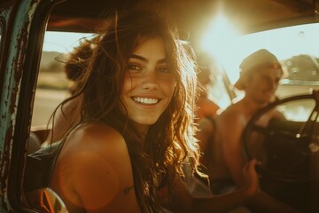 Wall Mural - Young woman in the car, smiling at the camera