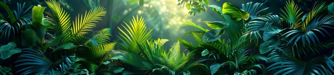 Wall Mural - Background Tropical. In the vibrant rainforest, the scent of damp earth and sweet orchids fills the air, while morning dew adorns each glistening leaf.