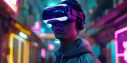 Young man wearing VR headset in cyberpunk style, blending business, finance, and gaming for a futuristic experience. Perfect for tech, innovation, and virtual reality digital image.