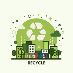 Wall Mural - Recycle concept. Green city background. Flat minimal style. Vector Illustration.