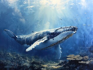 Wall Mural - The silent majesty of a humpback whale gliding through the waters of the Great Barrier Reef, its massive form dwarfing the surrounding coral formations as it migrates along the