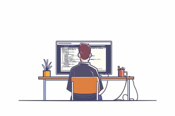Poster - A person is sitting at a desk coding on their computer with a plant coffee mug and mouse nearby