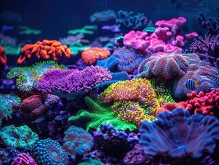 Wall Mural - The vibrant colors of coral reefs glowing under ultraviolet light, revealing the fluorescent pigments and biofluorescent compounds that give corals their stunning visual appearance
