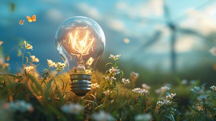 Wall Mural - A light bulb is glowing in a field of flowers, green energy concept