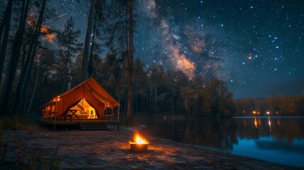 Wall Mural - A small cabin is lit up by a fire and surrounded by trees