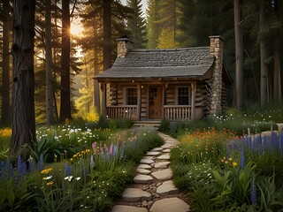 Wall Mural - Rustic cabin with a stone path and wildflower garden, generative AI