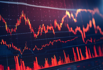 Poster - A close-up view of a digital stock market chart displaying fluctuating red and orange lines, indicating market trends and data analysis.