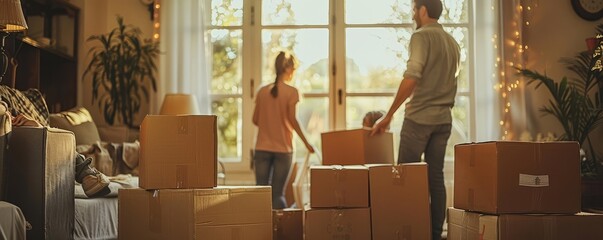 Wall Mural - A family moving into their new house, surrounded by moving boxes, symbolizing a new beginning