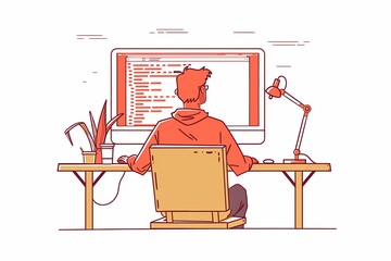 Poster - A programmer at their desk engrossed in coding on a large monitor accompanied by a lamp and plants