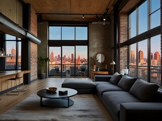 Modern loft with a private terrace and urban skyline views, generative AI