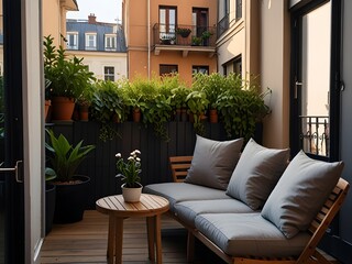 Wall Mural - Stylish city apartment with a small balcony and potted plants, generative AI