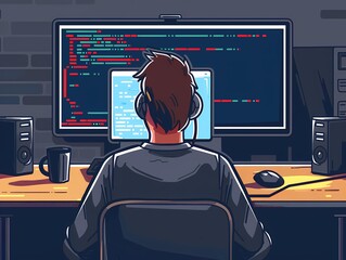 Wall Mural - Developer focused on coding at his desk wearing headphones with dual monitors displaying code