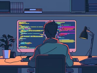 Poster - Late night coding session a developer dives into colorful lines of code