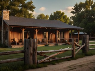 Wall Mural - Rustic ranch house with a wooden fence and large porch, generative AI