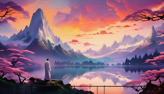 a solitary figure in a robe stands on a promontory overlooking this awe-inspiring serene lake reflec
