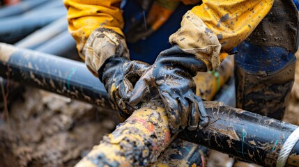 A worker tightly secures pipes together as part of the fracking operation.