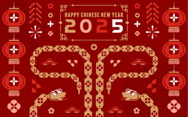 Sticker - Happy chinese new year 2025 the snake zodiac sign with minimal trendy design modern flat geometric elements red paper cut style on color background. 