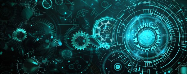 Wall Mural - Abstract futuristic digital technology background with gears and cogs in the style of teal color, on black.