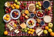 © Yaraslava - eye view picnic spread checkered blanket captured drone tall tripod, overhead, shots, food, snacks, drinks, outdoors, leisure, relaxation, dining, fresco, meal