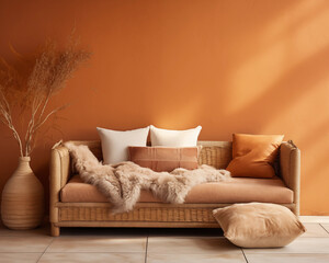 Wall Mural - Woven wicker sofa with fur throw blanket and pillows in warm colors against a solid orange wall