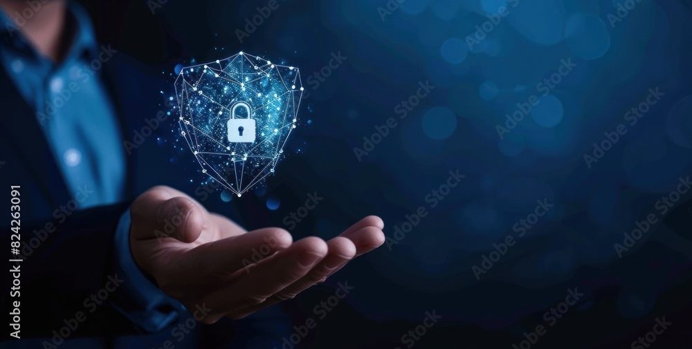 Visual representation of a hand holding virtual shield with padlock ...