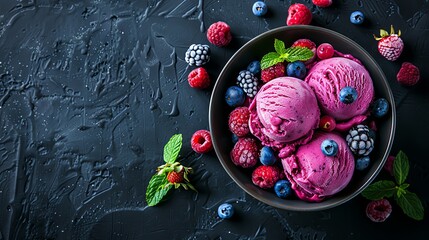 Wall Mural - Dark pink ice cream with berries and mint leaves in bowl on dark background, top view. . photo on Canon R5, DSLR,