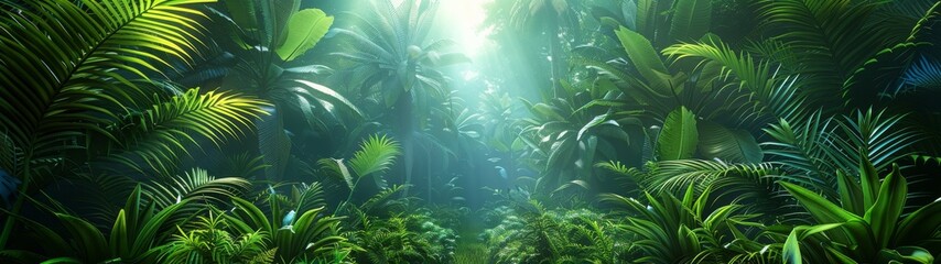 Background Tropical. Shafts of light pierce the canopy, creating pools of brightness amidst the shadowy undergrowth, where insects dance and birds flit in and out of sight.