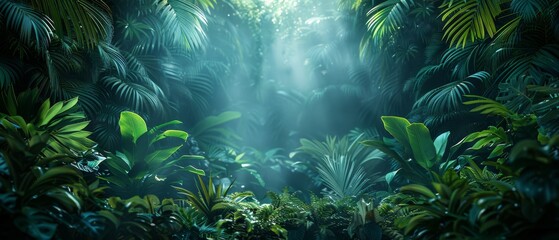 Wall Mural - Background Tropical. Beneath the thick canopy, the rainforest floor is a labyrinth of shadows and dappled sunlight, where every leaf and branch seems to whisper secrets of ancient times.