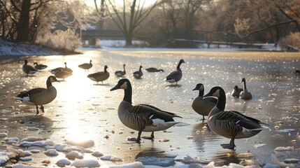 Wall Mural - Ducks and geese return to once frozen ponds now filled with open water and plentiful food.