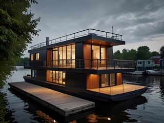 Contemporary houseboat with a sleek design and rooftop deck, generative AI