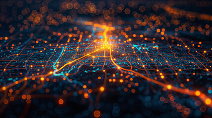 GPS device projecting highway maps in a holographic fashion, teal, orange, navy blue. Abstract background of cityscape resembling a circuit board or fiber optics made of glowing orange lines and dots.