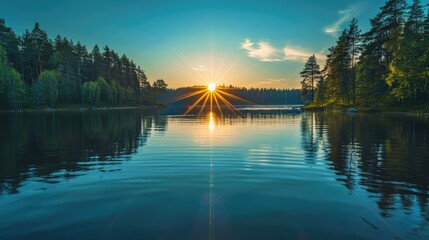 Wall Mural - Glowing sunburst over tranquil lake