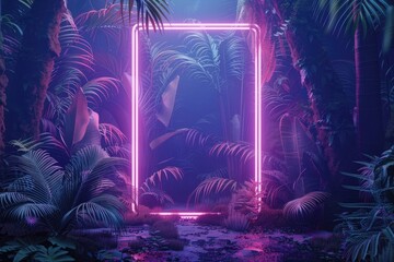 Wall Mural - 3d render of rectangle frame in jungle with ferns, neon light effect, dark background, close up