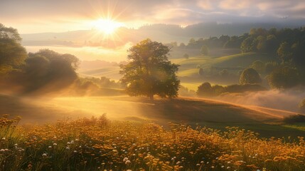 Wall Mural - Golden hour sunlight on peaceful countryside